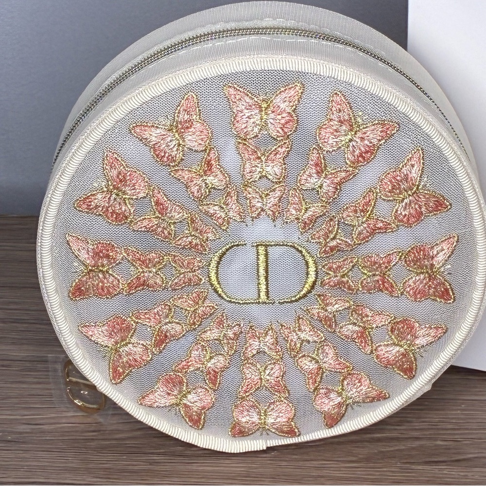 NWT Dior Embroidered Butterfly Round Mesh Cosmetic Pouch in Cream & Pink - Picture 2 of 7
